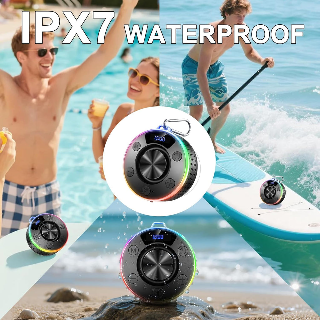 Bluetooth Shower Speaker, Portable Bluetooth 5.4 Speaker with 360°HD Stereo Sound and Robust Bass, IPX7 Waterproof Speakers, LED Light, Built in Mic for Home, Party, Outdoor Beach, Gift