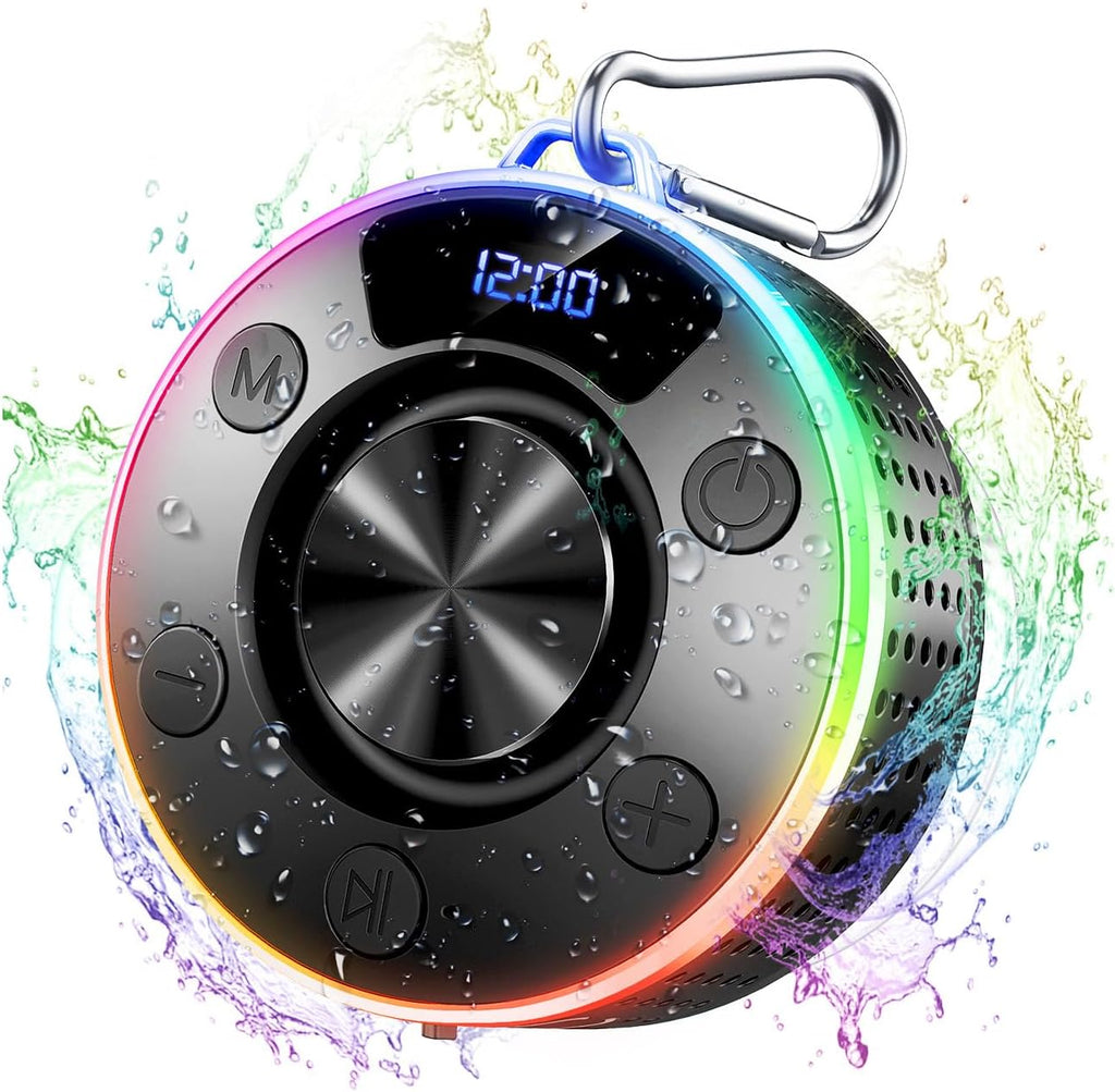Bluetooth Shower Speaker, Portable Bluetooth 5.4 Speaker with 360°HD Stereo Sound and Robust Bass, IPX7 Waterproof Speakers, LED Light, Built in Mic for Home, Party, Outdoor Beach, Gift